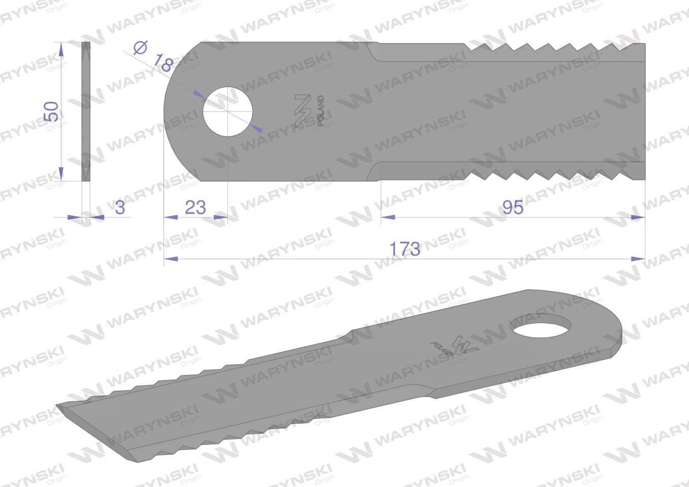 Nóż, obrotowy rozdrabniacz słomy sieczkarnia 173x50x3mm otwór 18 zastosowan - zdjęcie 2