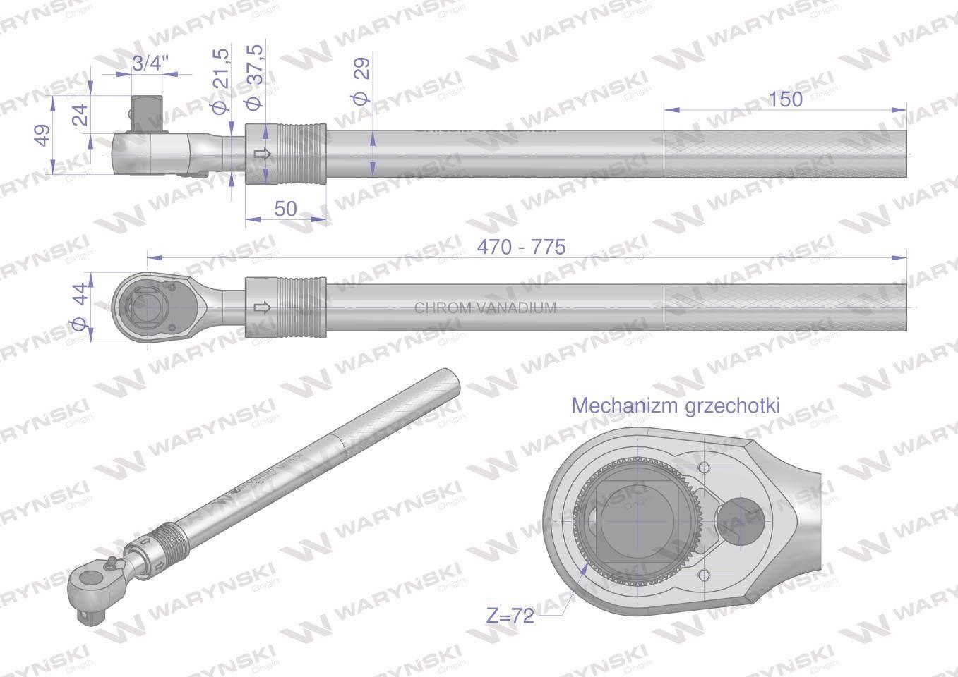 Grzechotka, 72 zęby teleskopowa do nasadek 3/4 cala długość 495-775mm, W me - zdjęcie 9