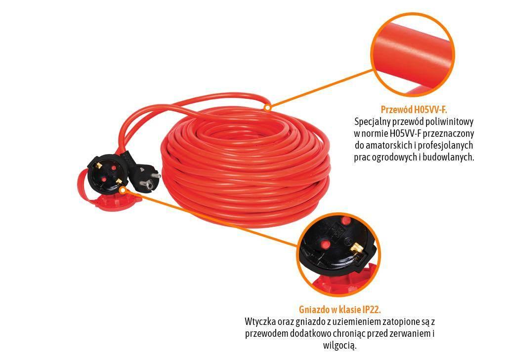 Przedłużacz jednogniazdowy, ogrodowy PROFESSIONAL, 3X1,5mm, IP20, H05VV-F, - zdjęcie 2