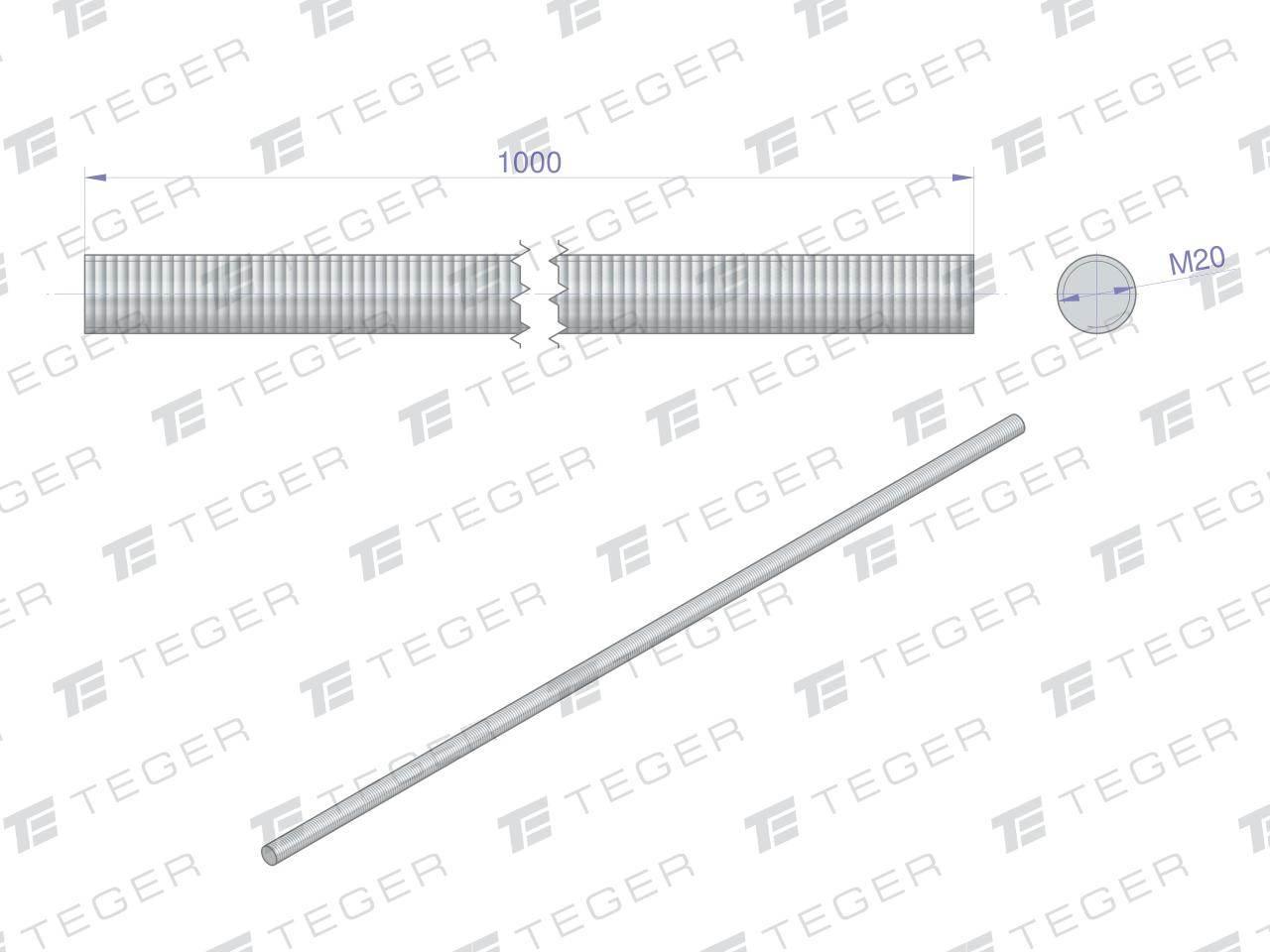 Pręt gwintowany M20 x 1000mm kl.8.8 DIN 975 ocynkowany TEGER T-PGM20-8.8OC - zdjęcie 2