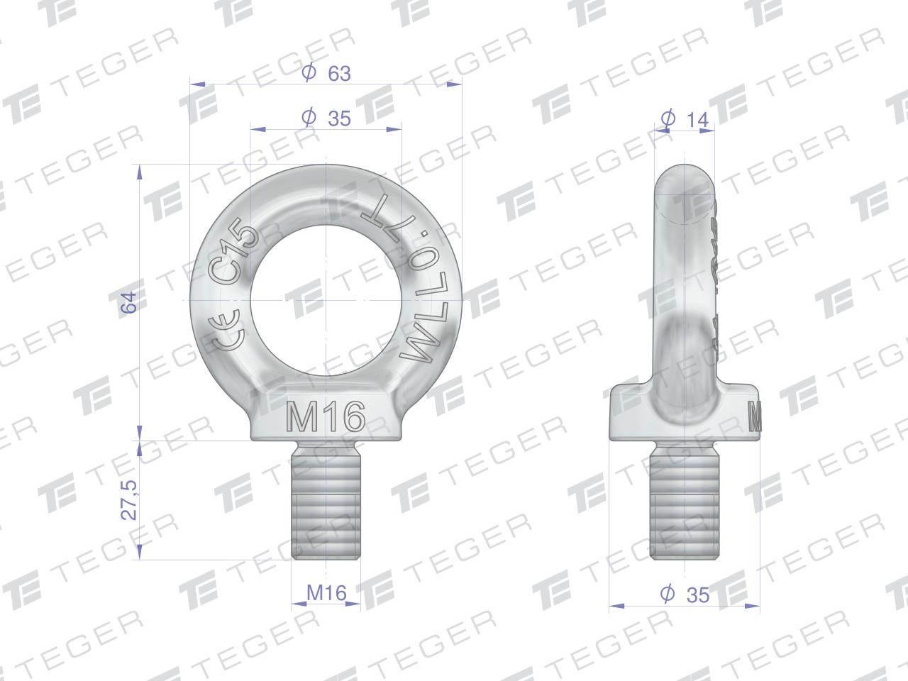 Śruba oczkowa, śruba z oczkiem M16 TEGER, 5szt T-SO-M16 - zdjęcie 2