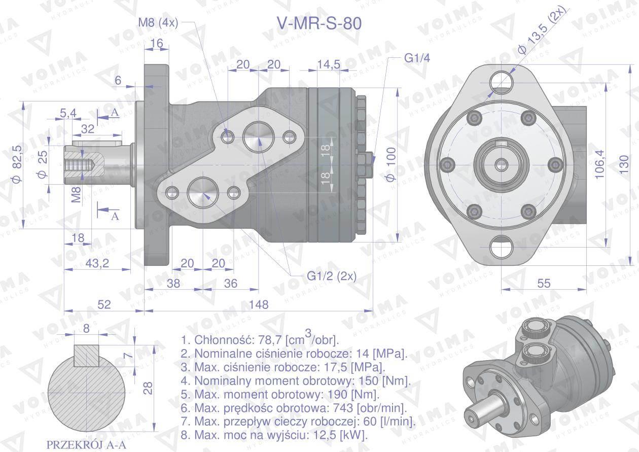 Silnik hydrauliczny orbitalny V-MR-S 80 cm3/obr (175 bar / max.200 bar) VOI - zdjęcie 6
