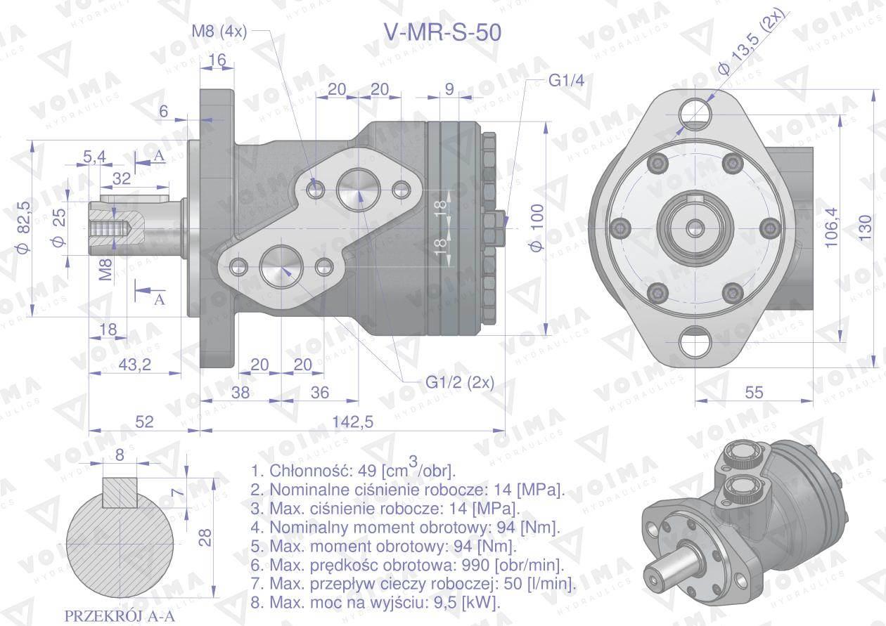 Silnik hydrauliczny orbitalny V-MR-S 50 cm3/obr (140 bar / max.175 bar) VOI - zdjęcie 6
