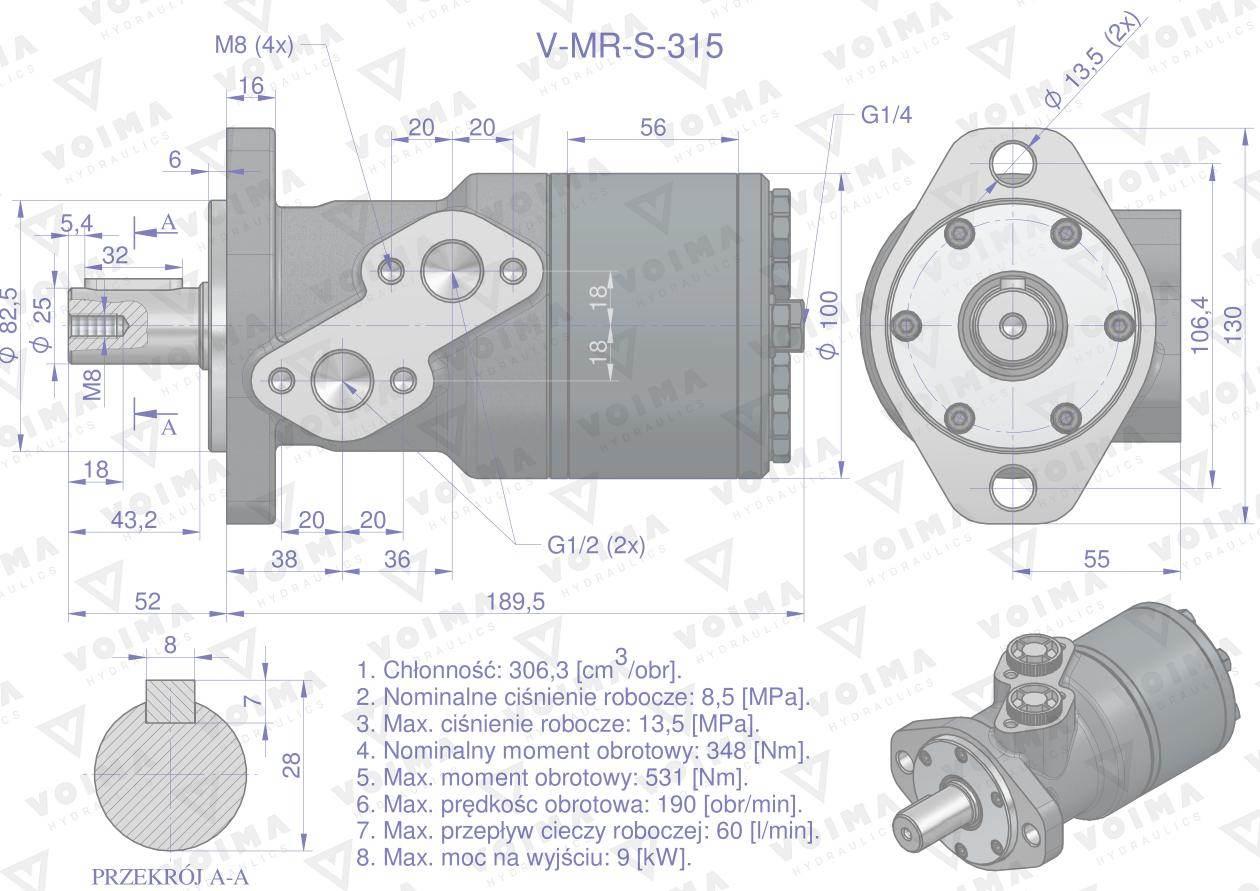 Silnik hydrauliczny orbitalny V-MR-S 315 cm3/obr (135 bar / max.175 bar) VO - zdjęcie 6