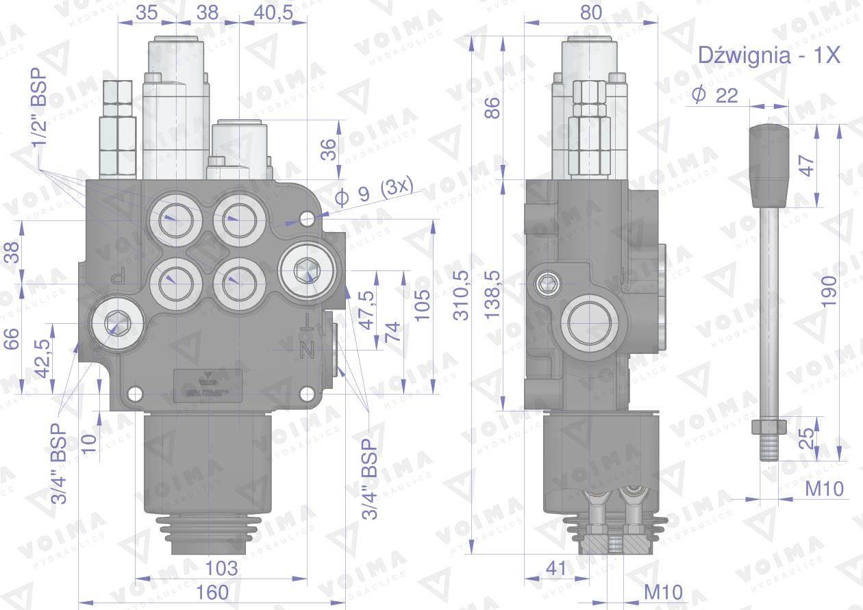 Rozdzielacz hydrauliczny 2-sekcyjny 80L (1-sekcja pływająca) z joystickiem - zdjęcie 4