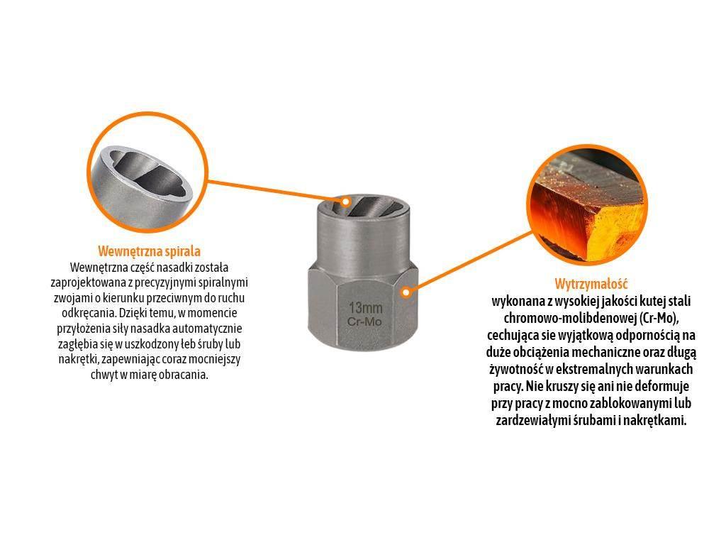 Nasadka do odkręcania uszkodzonych śrub i nakrętek, (13mm) - kute/ stal Cr- - zdjęcie 3