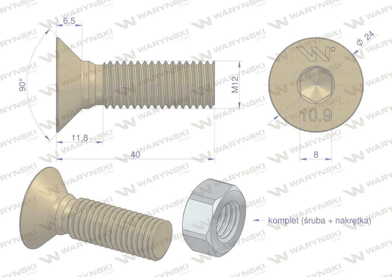 Śruba kpl., M12x40 - imbus klasa 10,9 DIN7991, Waryński 25szt W-799121040 - zdjęcie 5