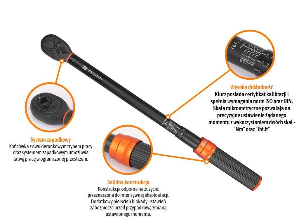 Klucz dynamometryczny, 1/2" 40-220Nm 72T / 500mm, Teger T-W-KDT001 - zdjęcie 2