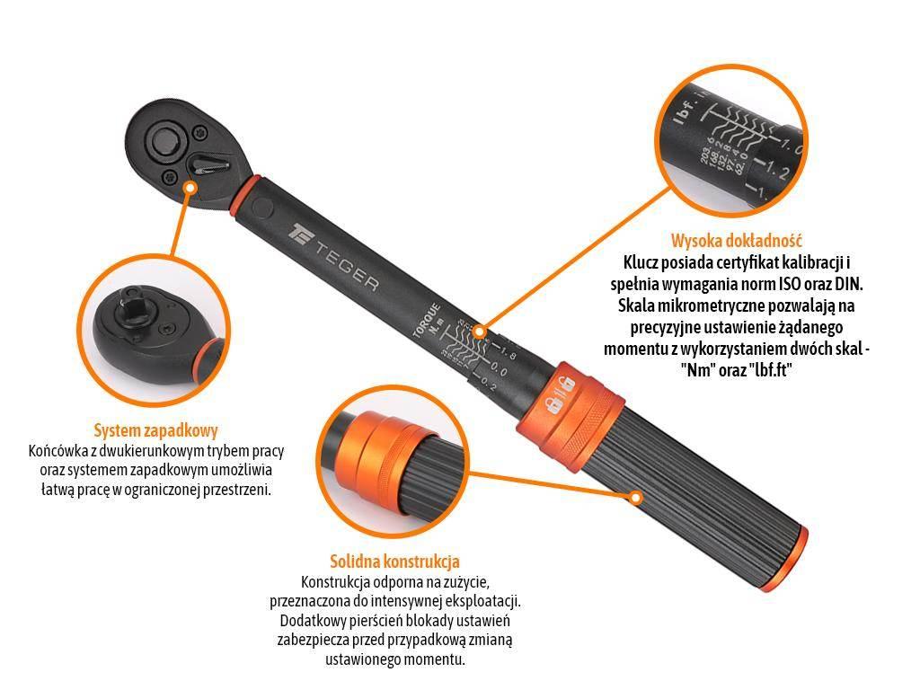 Klucz dynamometryczny, 1/4" 5-25Nm 72T / 240mm, Teger T-W-KDT002 - zdjęcie 2