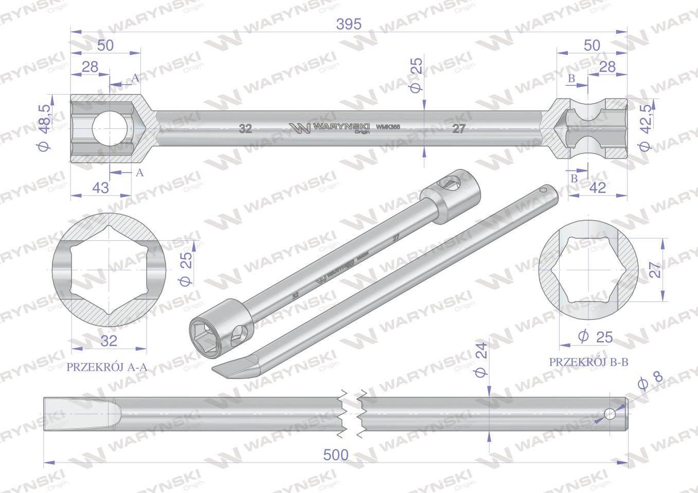 Klucz do kół , 395 mm długości rozmiar 27x32 mm z łyżką, do prac montażowyc - zdjęcie 3