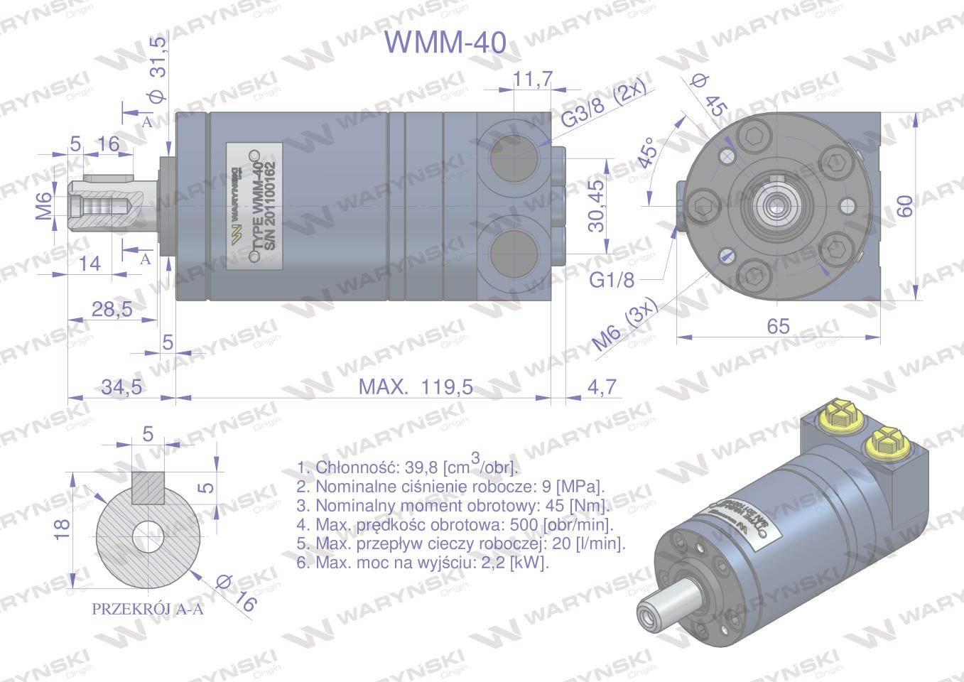 Silnik hydrauliczny orbitalny WMM 40 cm3/obr (90 bar / max.140 bar) Waryńsk - zdjęcie 5