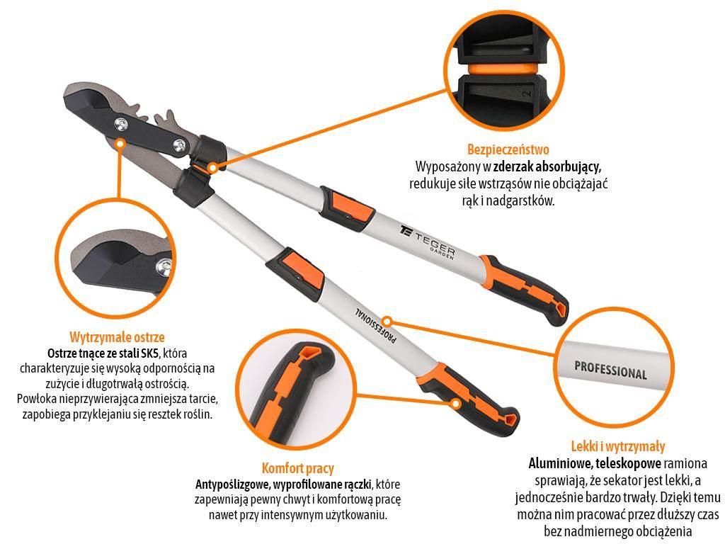 Sekator nożycowy PROFESSIONAL - dwuręczny teleskopowy, aluminiowy, Teger - zdjęcie 2