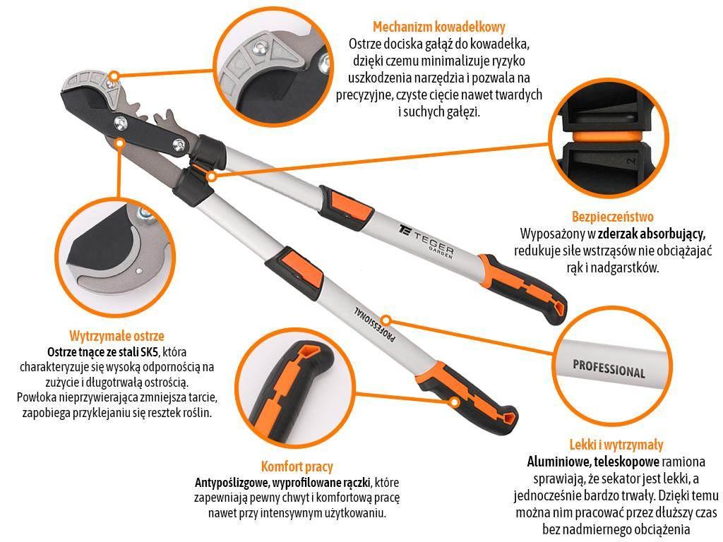 Sekator kowadełkowy PROFESSIONAL- dwuręczny teleskopowy, aluminiowy, Teger - zdjęcie 2