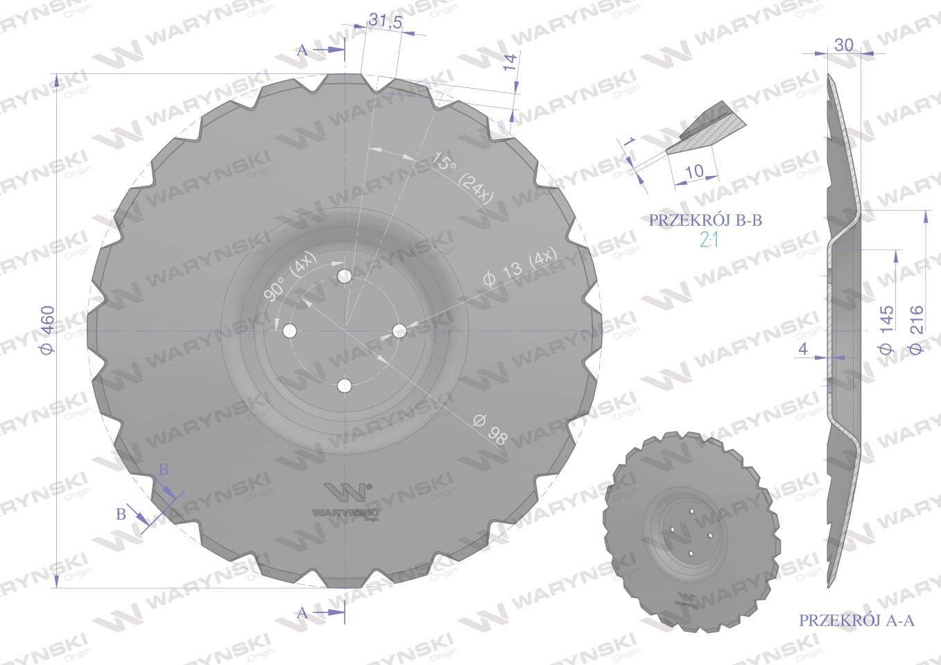 Talerz, uzębiony Z-24 fi 460 mocowanie 4/98 grubość 3,5 mm przetłoczony sta - zdjęcie 4