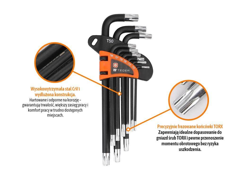 Zestaw kluczy imbusowych, TORX T10-T50 - DŁUGIE 9szt, Teger T-W-KITZE002 - zdjęcie 2