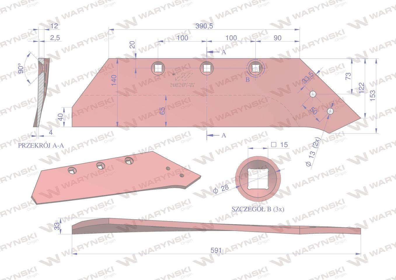Lemiesz, prawy 16", zastosowanie Akpil WSM 40 stal borowa, Waryński - zdjęcie 3