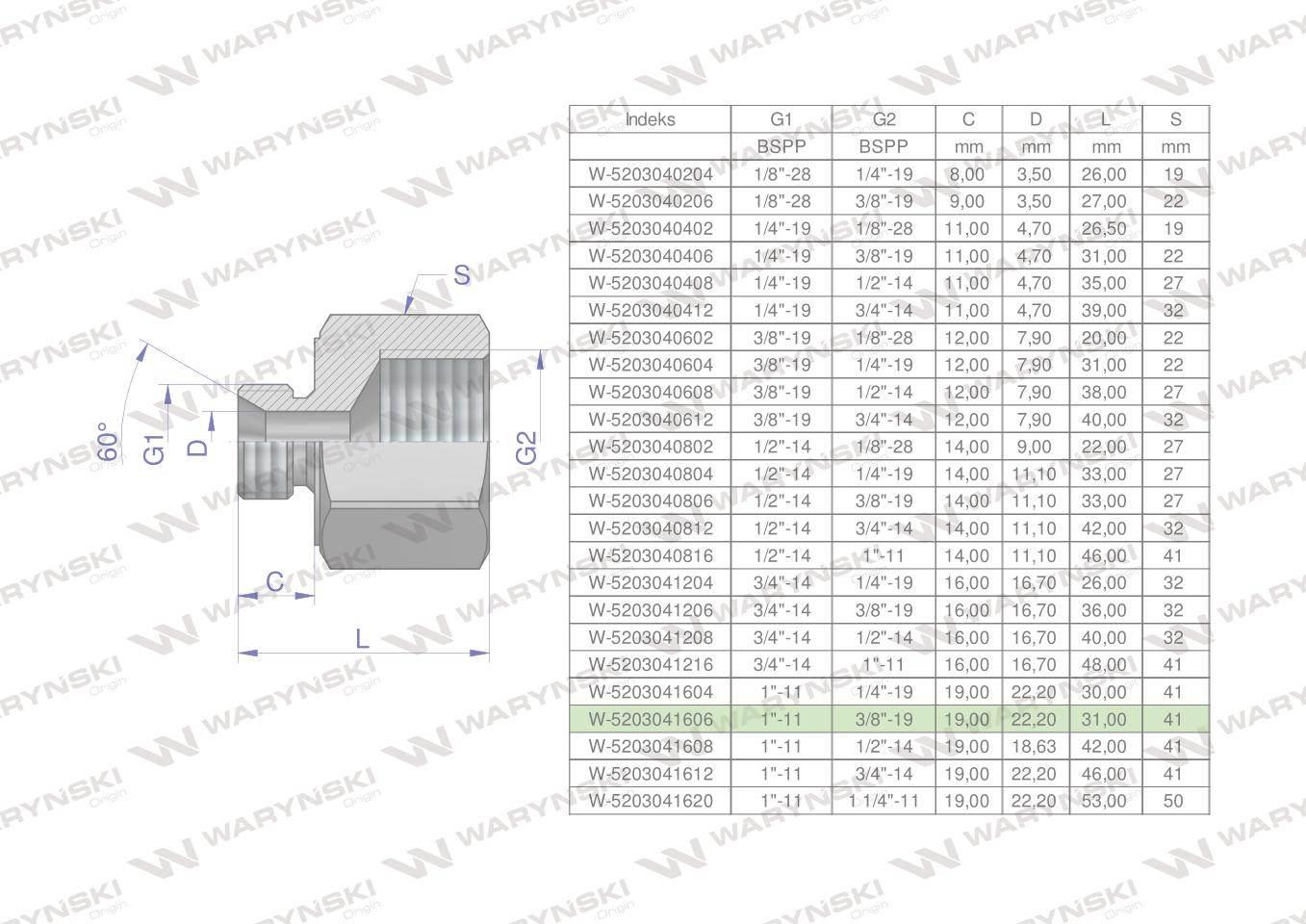 Tulejka różnicowa hydrauliczna calowa ab 1"gzx3/8"gw bsp waryński