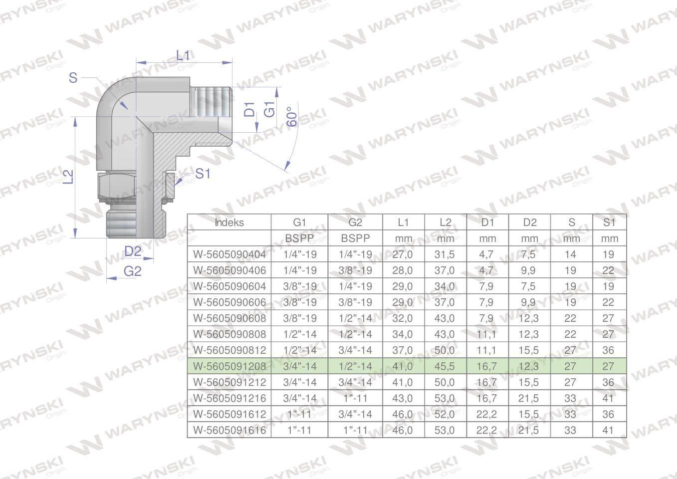 Kolanko hydrauliczne nastawne calowe BB 3/4" x 1/2" BSP z regulacją Waryńsk