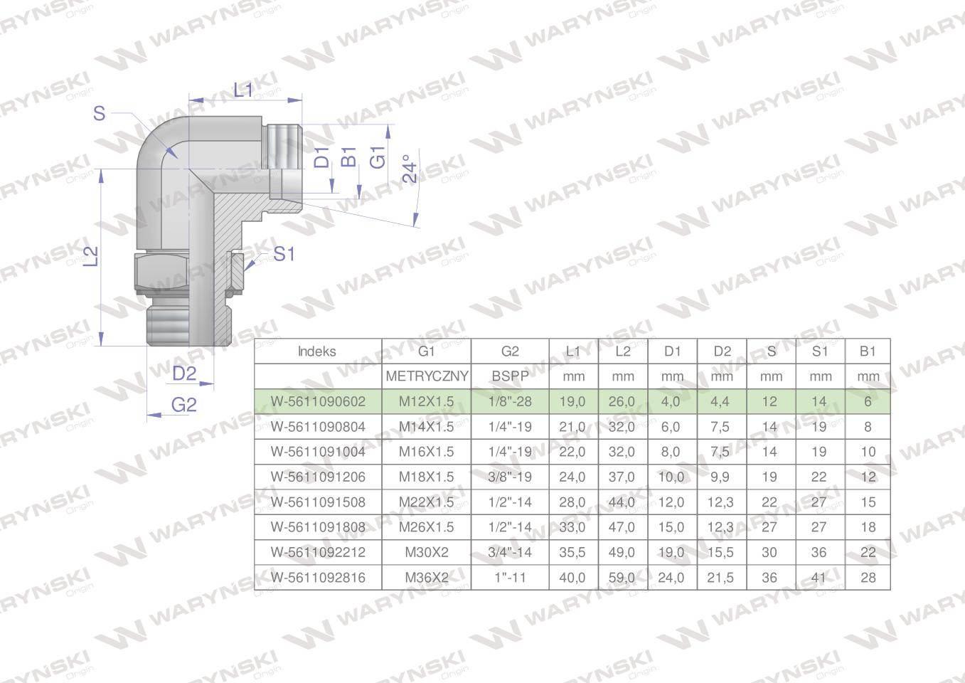 Kolanko hydrauliczne nastawne BB M12x1.5 06L x 1/8" BSP z regulacją Waryńsk
