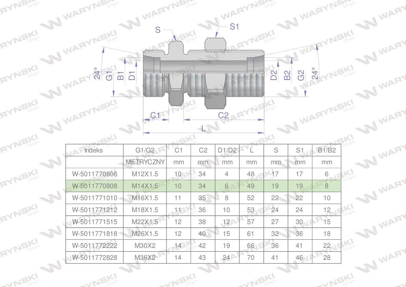 Złączka hydrauliczna metryczna grodziowa BB M14x1.5 08L z przeciwnakrętką (