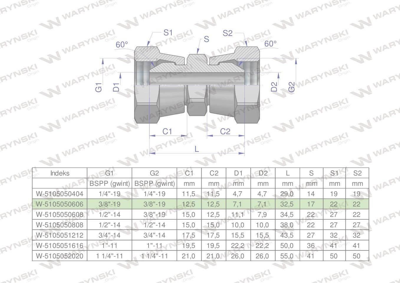 Złączka hydrauliczna calowa AA 3/8" BSP Waryński 2szt W-5105050606