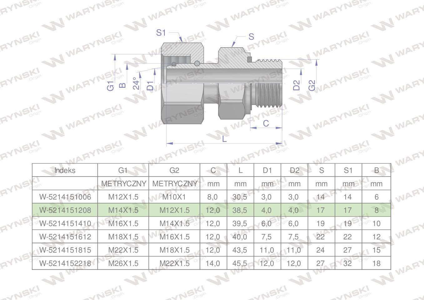 Przyłączka hydrauliczna metryczna AB (EVGE) M14x1.5 08L x M12x1.5 ED Waryńs