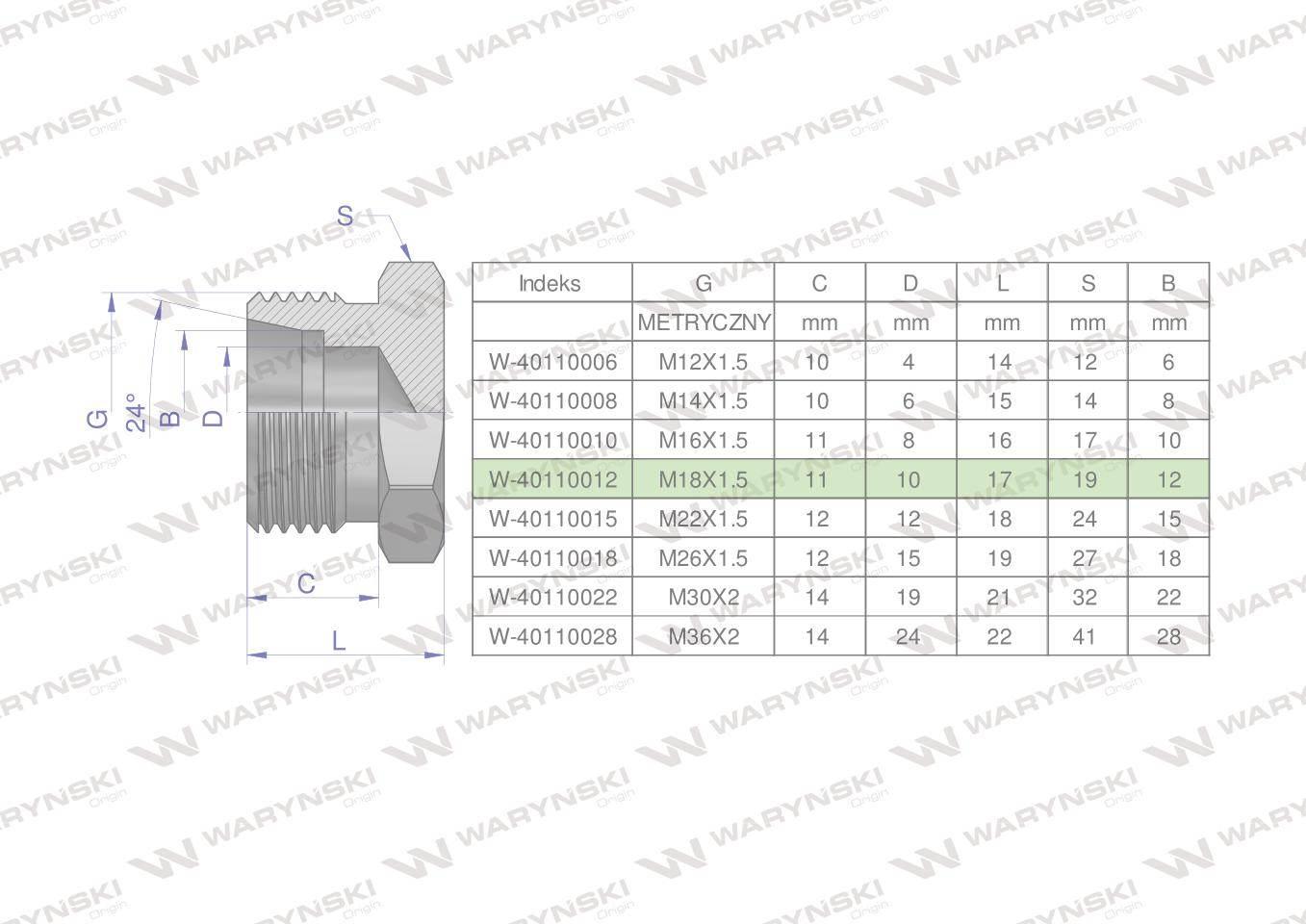 Korek hydrauliczny metryczny (na klucz) M18x1.5 12L Waryński 10szt