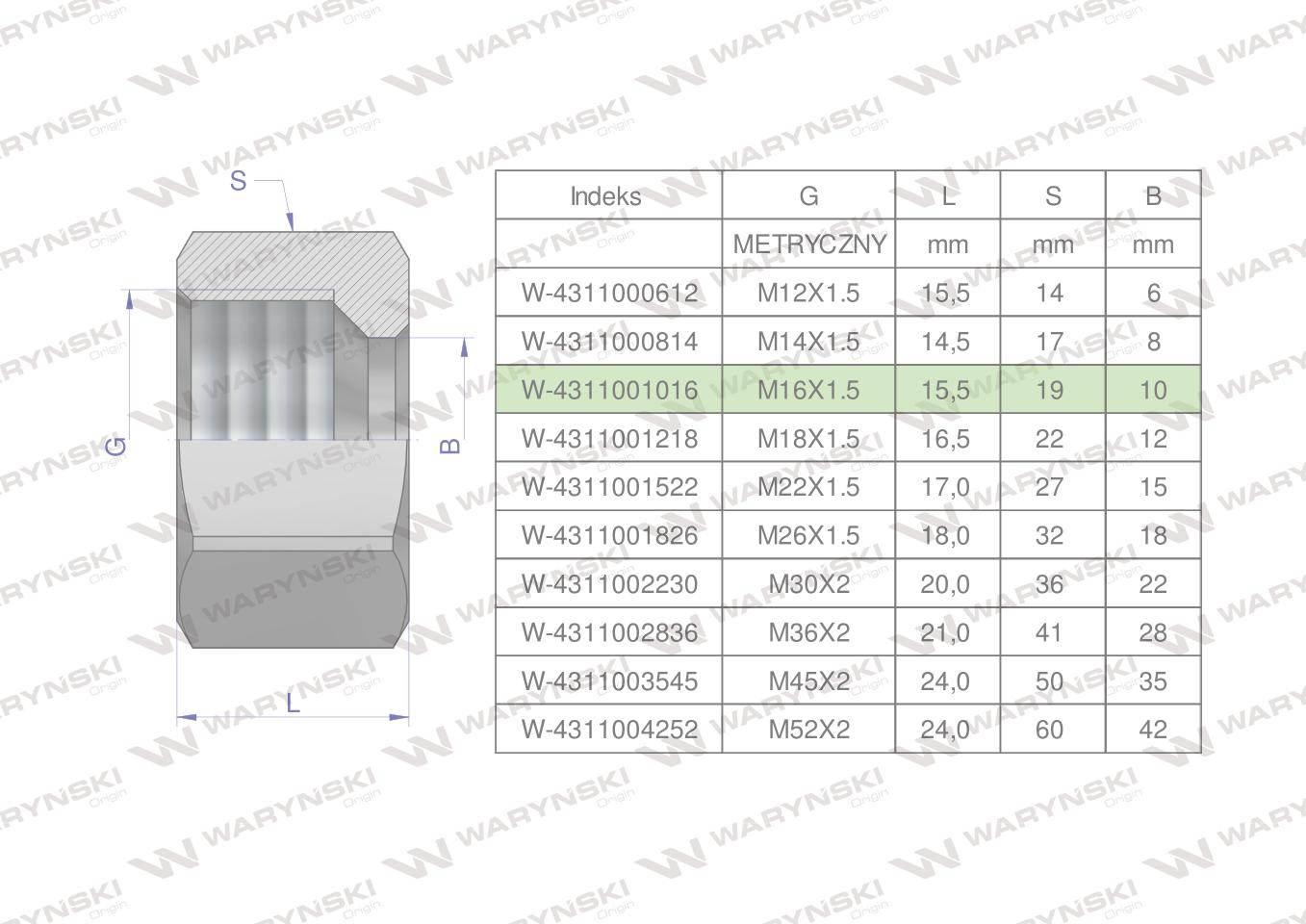 Nakrętka hydrauliczna metryczna (M10L) M16x1.5 10L Waryński 20szt