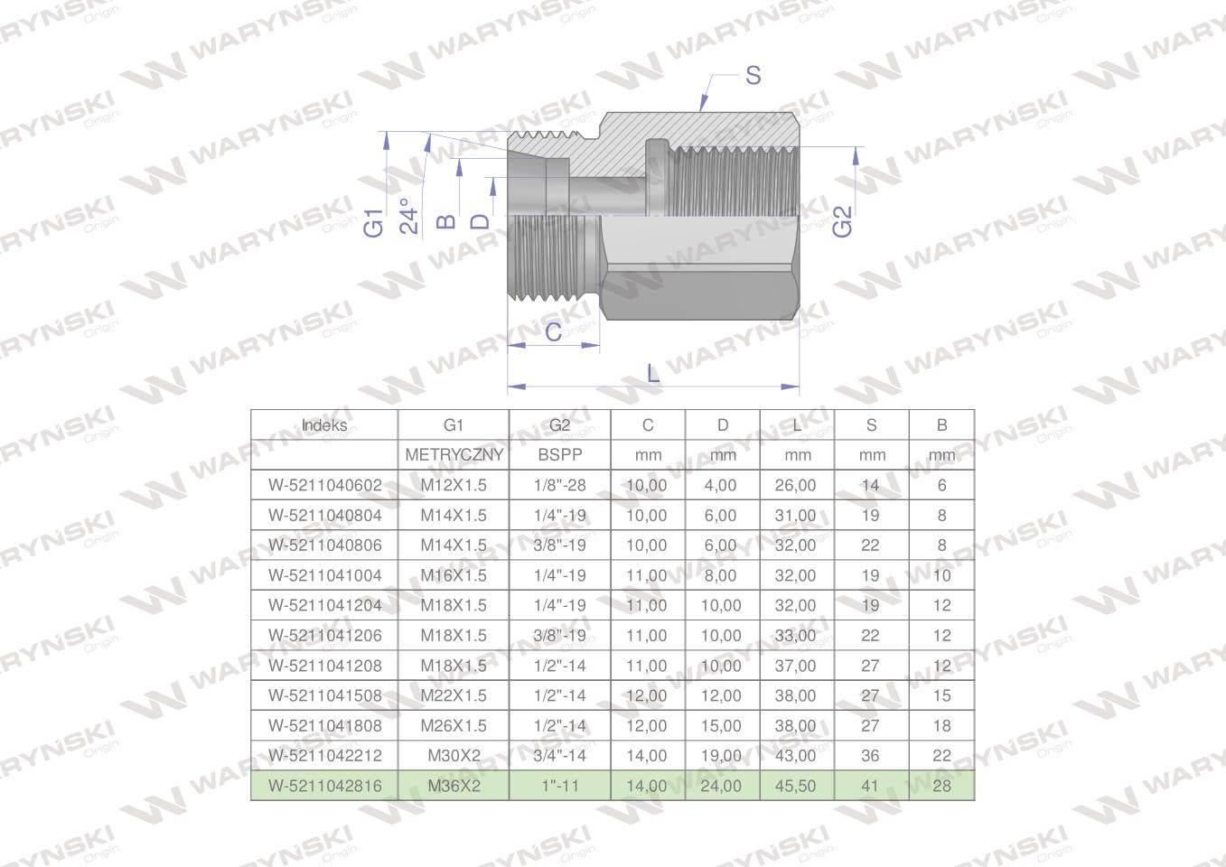 Tulejka różnicowa hydrauliczna AB M36x2 28L GZ x 1" BSP GW Waryński
