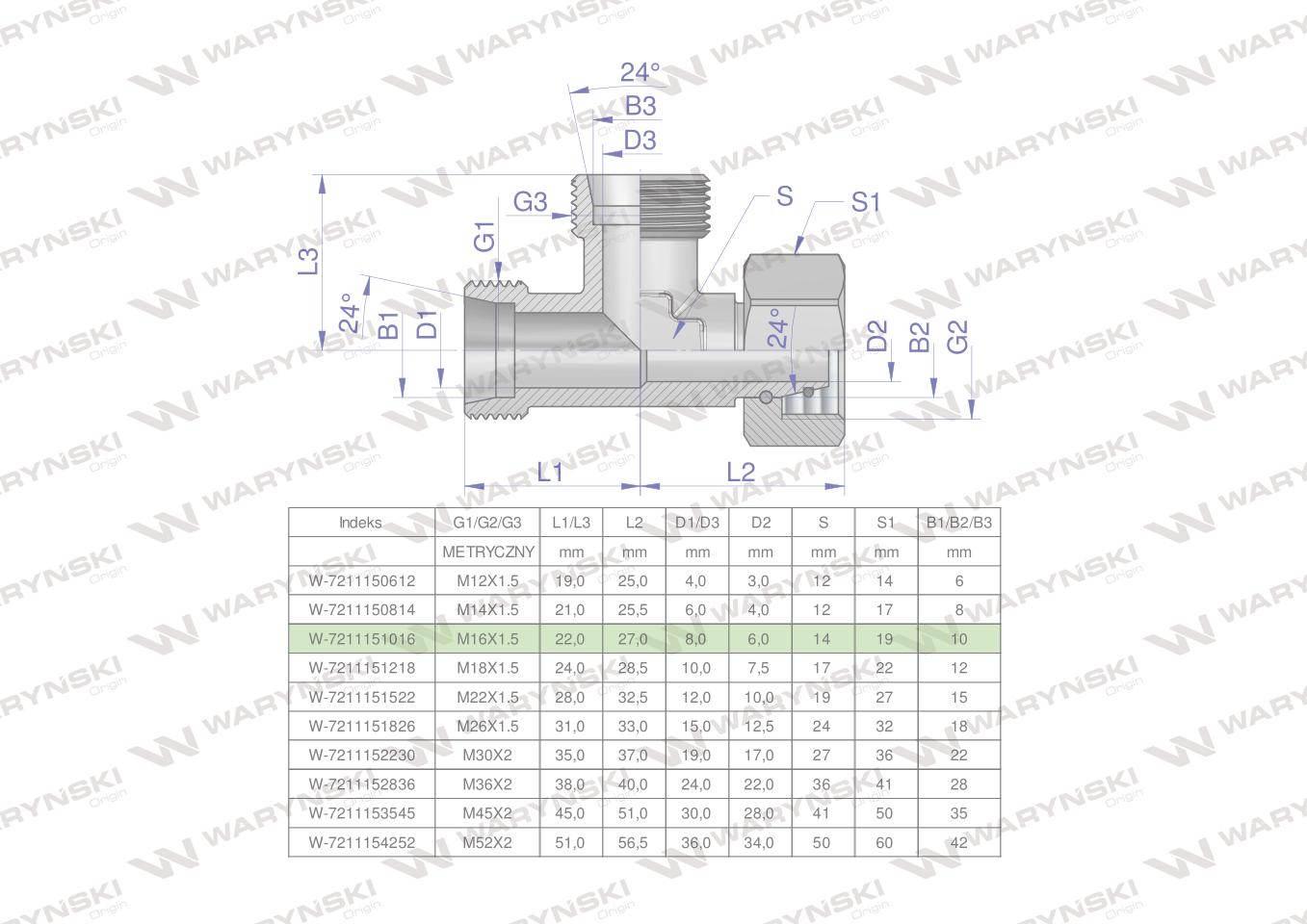 Trójnik hydrauliczny niesymetryczny metryczny BBA M16x1.5 10L (XEVL) Waryńs
