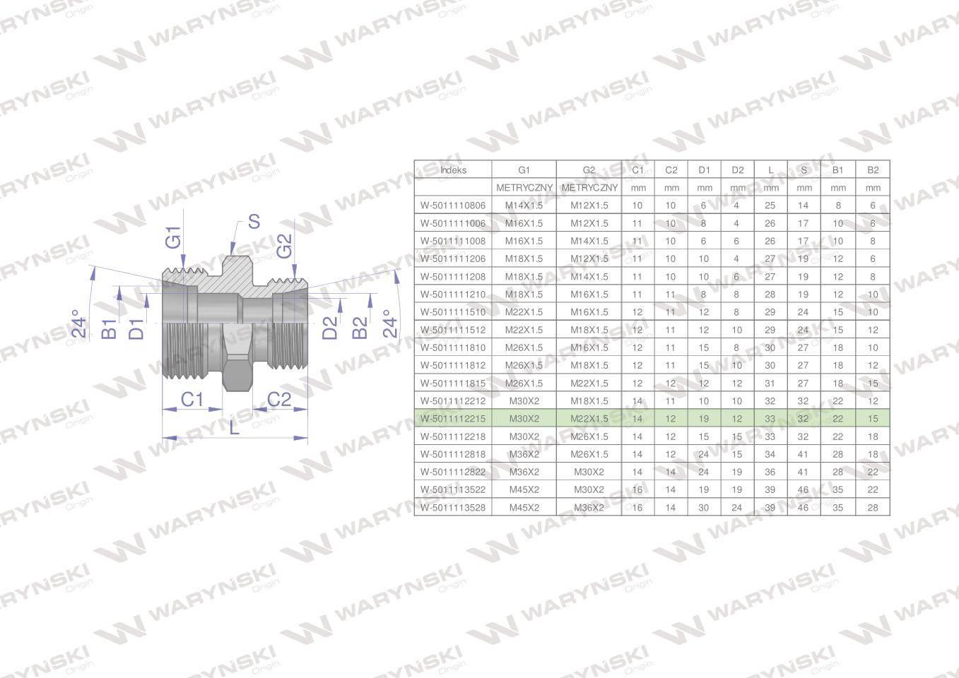 Złączka hydrauliczna redukcyjna metryczna BB M30x2 22L / M22x1.5 15L (XG) W