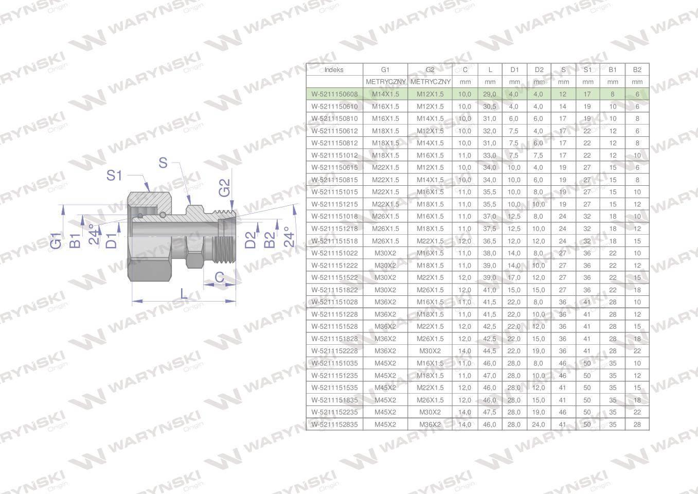 Złączka hydrauliczna metryczna AB (XKOR) A-M14x1.5 08L / B-M12x1.5 06L Wary