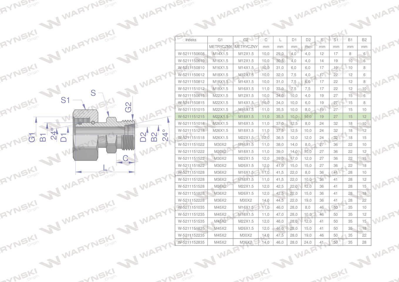 Złączka hydrauliczna metryczna AB (XKOR) A-M22x1.5 15L / B-M18x1.5 12L Wary