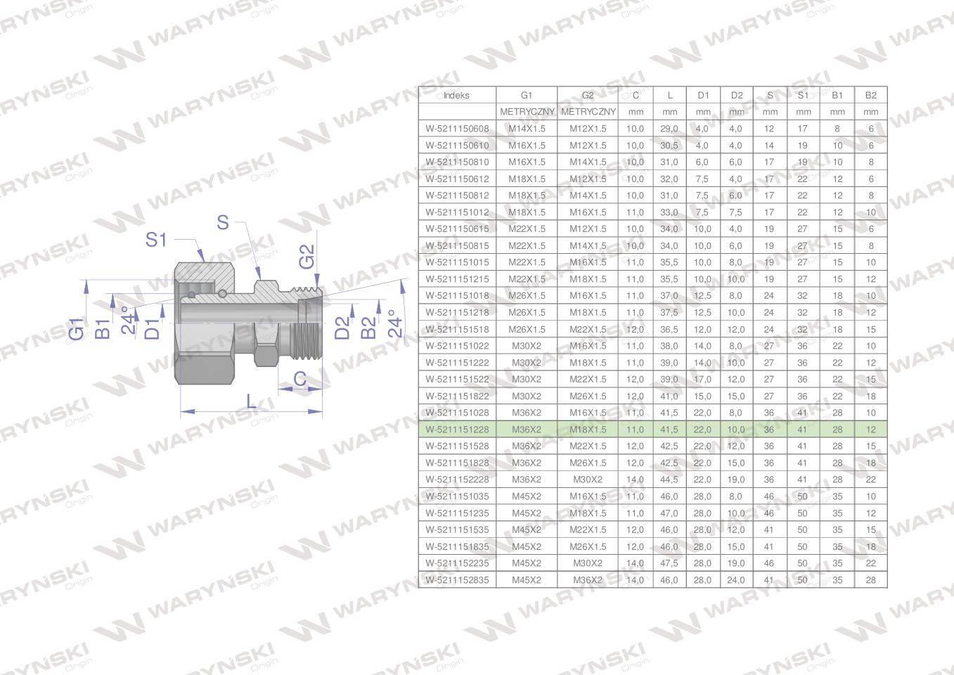 Złączka hydrauliczna metryczna AB (XKOR) A-M36x2 28L / B-M18x1.5 12L Waryńs