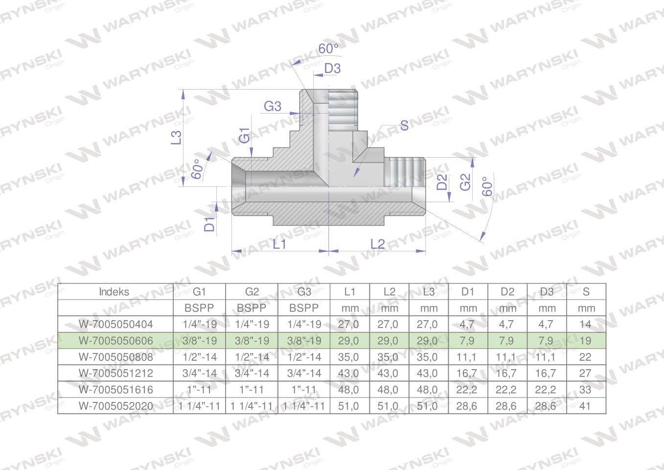 Trójnik hydrauliczny calowy BBB 3/8" BSP (XT) Waryński W-7005050606