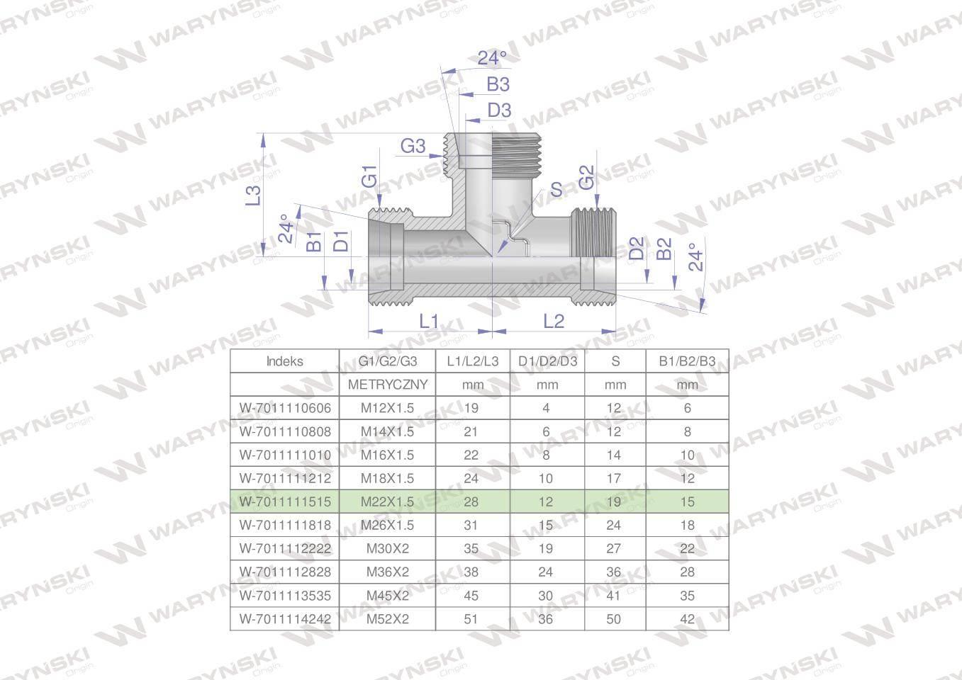 Trójnik hydrauliczny metryczny BBB M22x1.5 15L (XT) Waryński 5szt