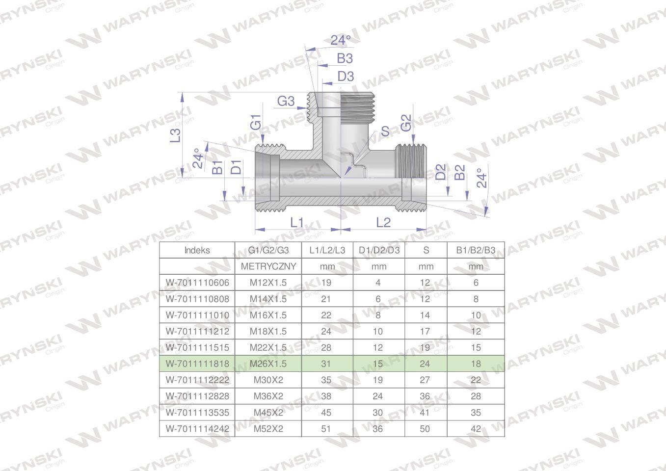 Trójnik hydrauliczny metryczny BBB M26x1.5 18L (XT) Waryński W-7011111818
