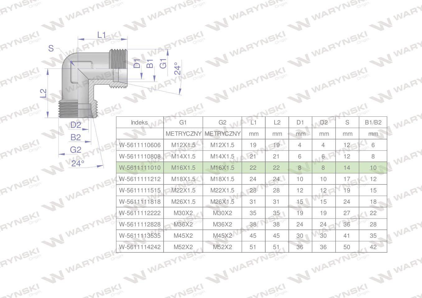 Kolanko hydrauliczne metryczne BB M16x1.5 10L (XW) Waryński 5szt