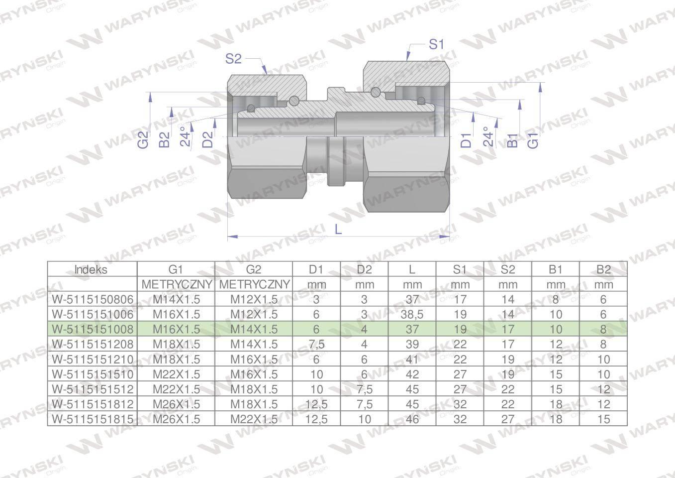 Złączka hydrauliczna metryczna AA M16x1.5 10L x M14x1.5 08L Waryński 2szt