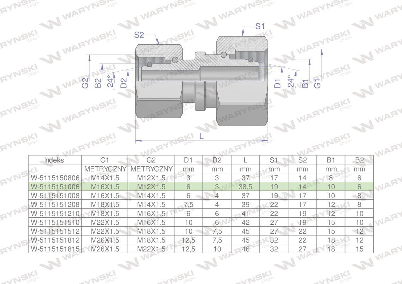 Złączka hydrauliczna metryczna AA M16x1.5 10L x M12x1.5 06L Waryński 2szt