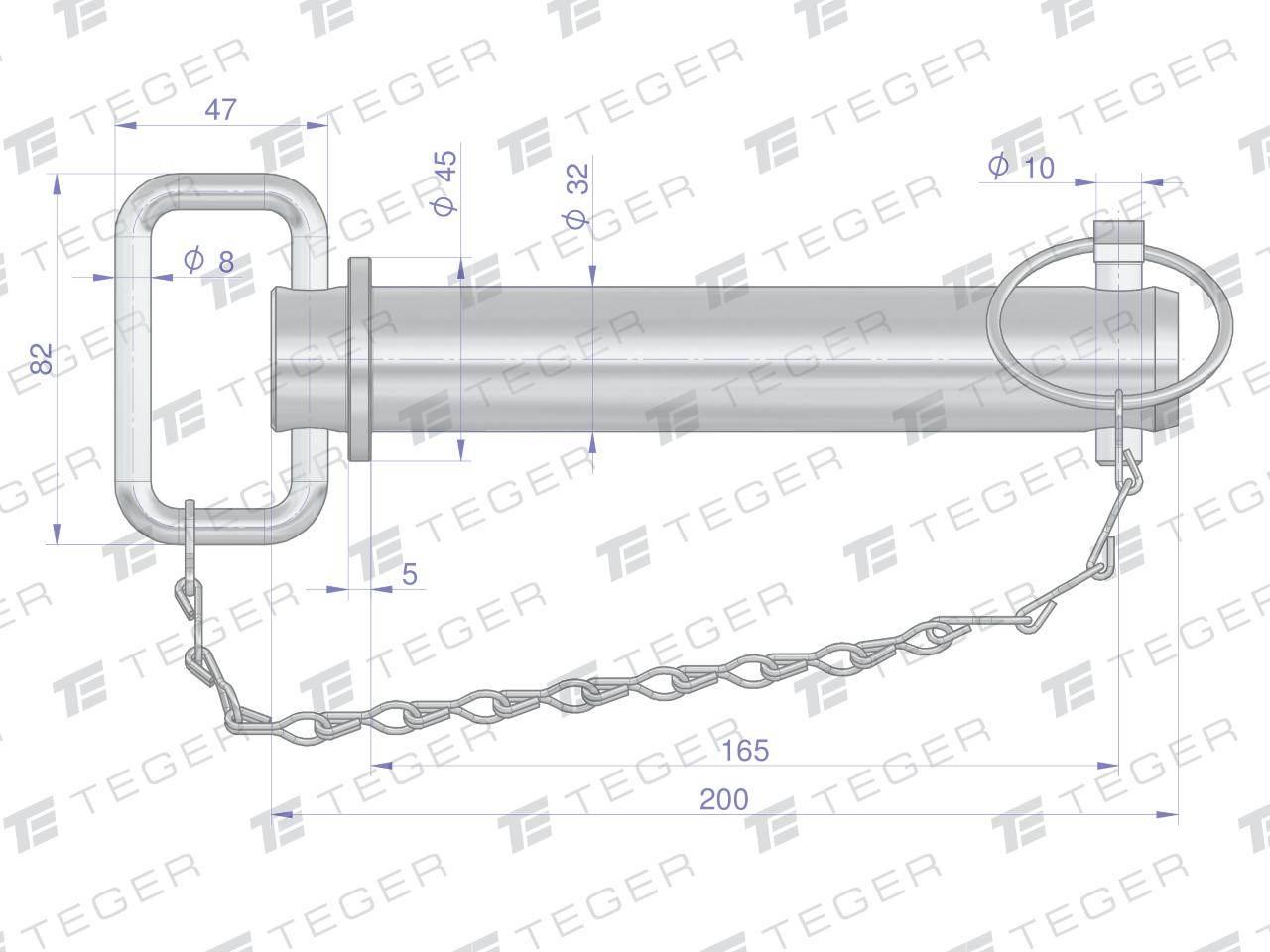 Sworzeń zaczepu z zawleczką i łańcuchem 32x165x200 TEGER T-SZZL32165200