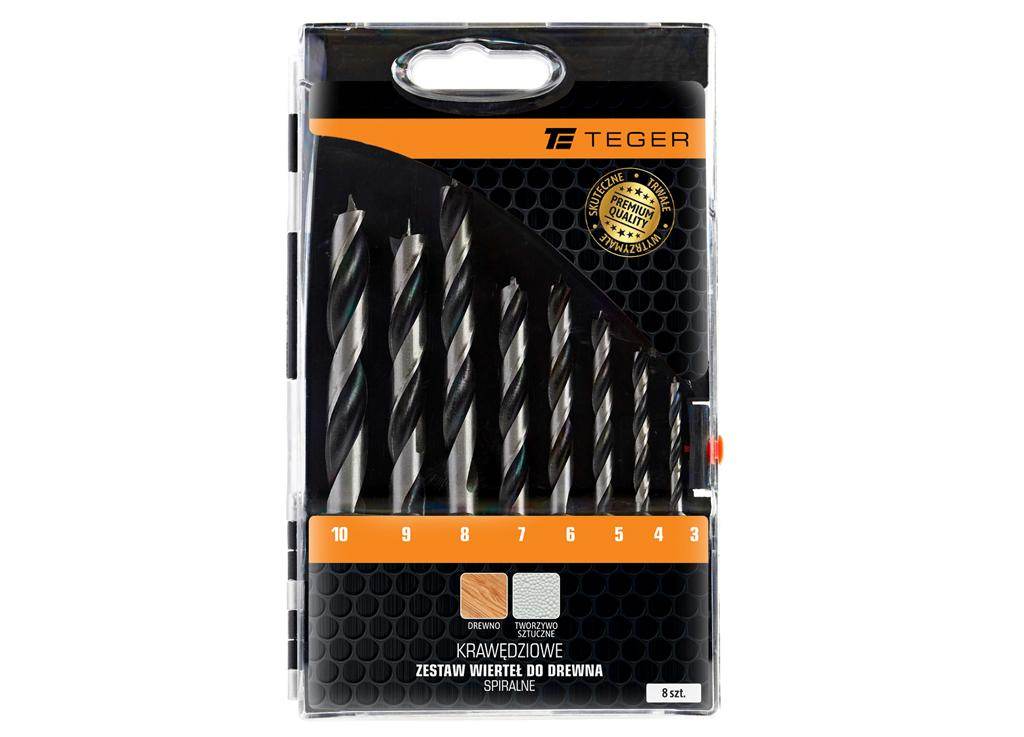 Zestaw wierteł do drewna krawędziowe spiralne 8 szt teger