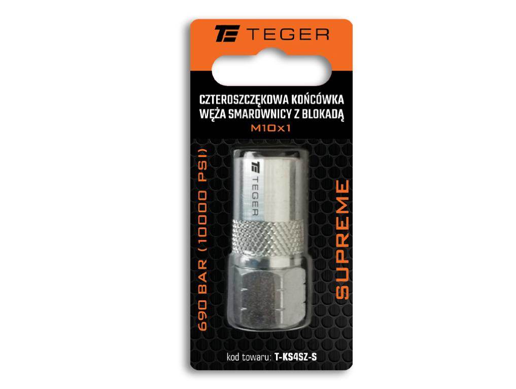 Czteroszczękowa końcówka węża smarownicy z blokadą m10x1 690 bar 10000 psi supreme teger