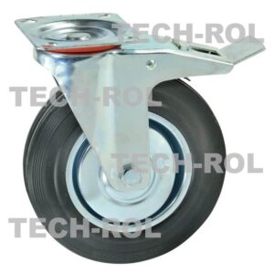 Koło metalowo-gumowe fi-200mm z hamulcem w obudowie skrętnej z płytą