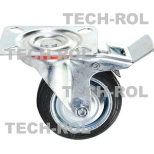 Koło metalowo-gumowe fi-75 mm z hamulcem w obudowie skrętnej z płytą