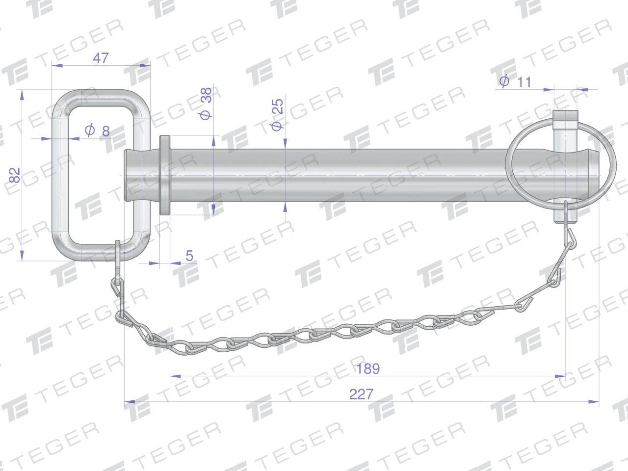 Sworzeń zaczepu z zawleczką i łańcuchem 25x189x227 teger
