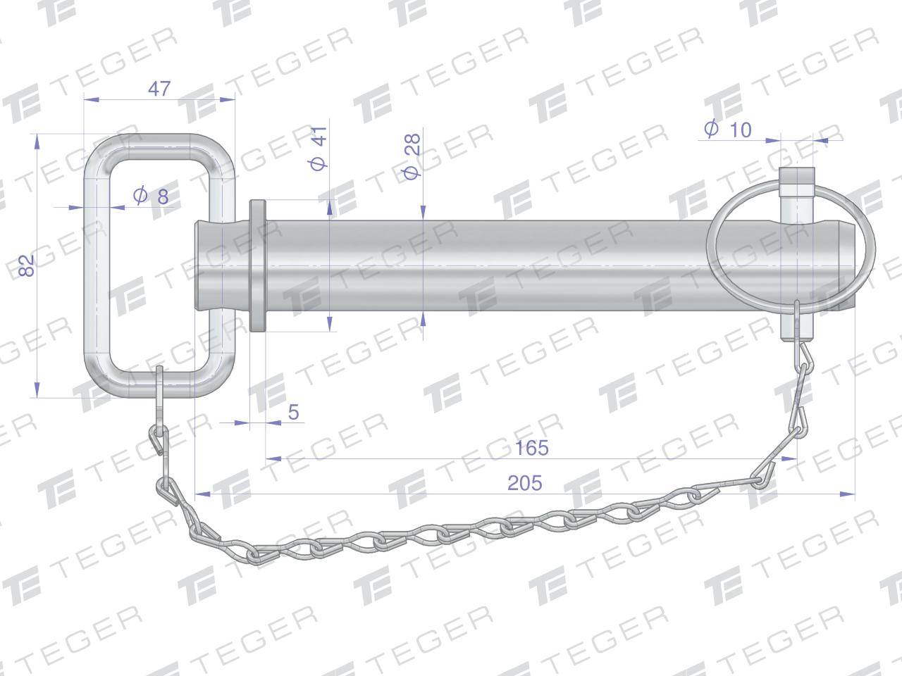 Sworzeń zaczepu z zawleczką i łańcuchem 28x165x205 teger