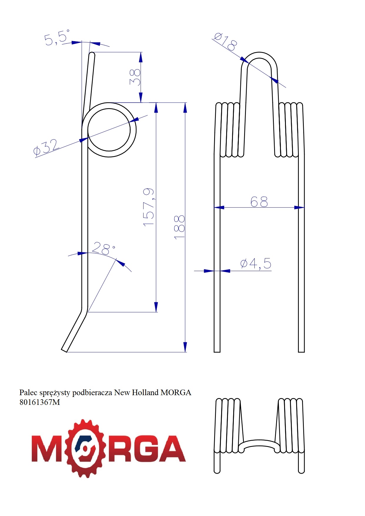 Palec Sprężysty Podbieracza New Holland 80161367 Malowane Proszkowo Morga Palec Sprężysty Podbieracza New Holland 80161367 Malowane Proszkowo Morga - obrazek 2