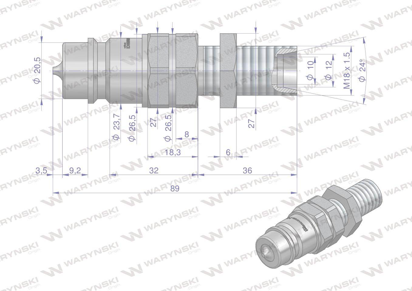 Szybkozłącze hydrauliczne wtyczka long m18x1.5 gwint zewnętrzny euro 9100818w iso 7241-a waryński Szybkozłącze hydrauliczne wtyczka long m18x1.5 gwint zewnętrzny euro 9100818w iso 7241-a waryński - obrazek 2