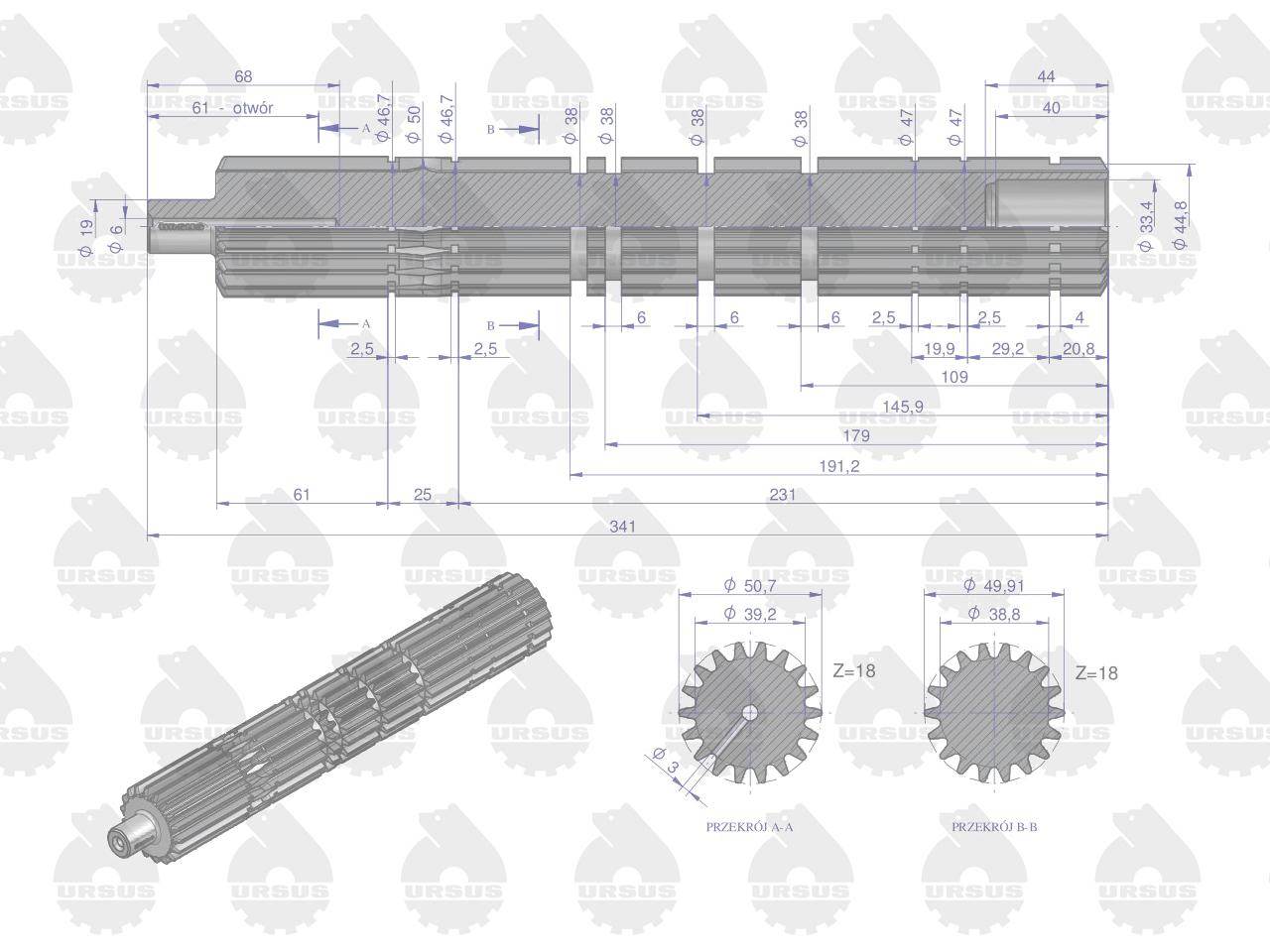 Wałek główny skrzyni 1870151m1 1866560m91 1867990m1 18701 z-18 mf3 mf4 oryginał ursus Wałek główny skrzyni 1870151m1 1866560m91 1867990m1 18701 z-18 mf3 mf4 oryginał ursus - obrazek 2